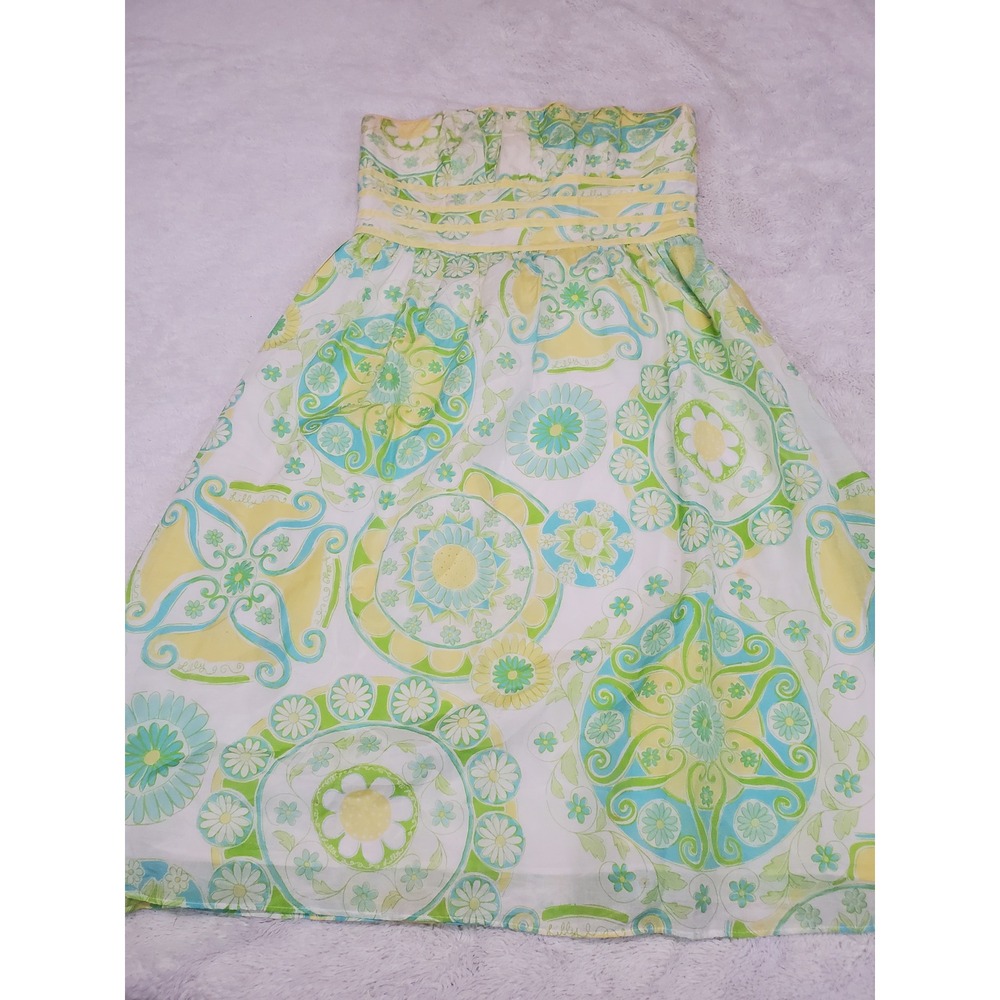 Vintage Lilly Pulitzer Yellow Green Fountain Youth Strapless Silk Dress 4 Retro